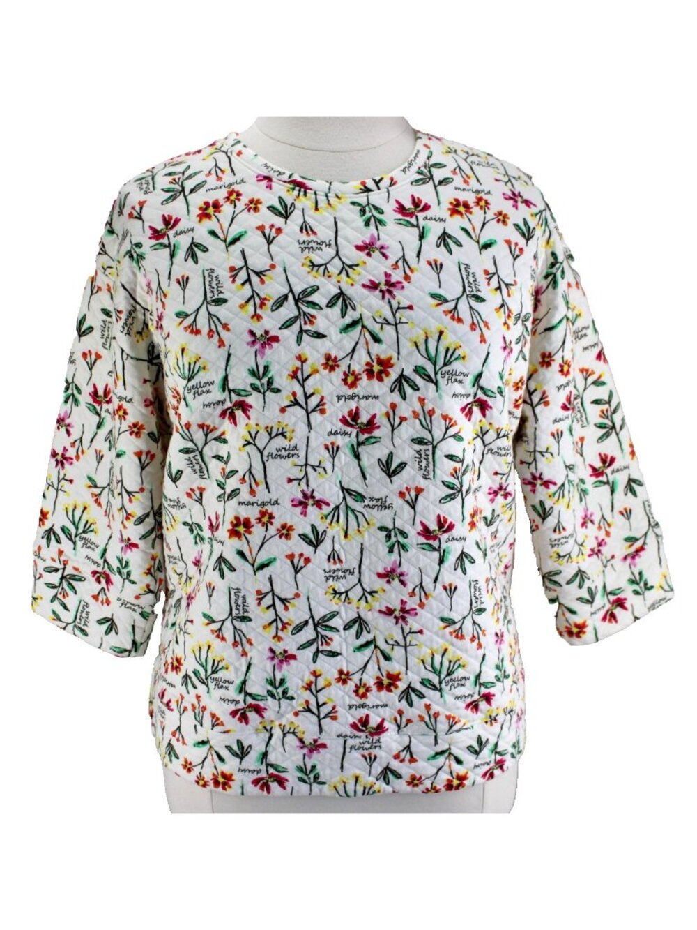 Lands End Quilted Top Womens Size IX Ivory Floral 3/4 Sleeve Crewneck Knit Top